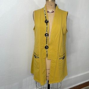 Mustard yellow jersey knit long robe with dark brown and green contrast